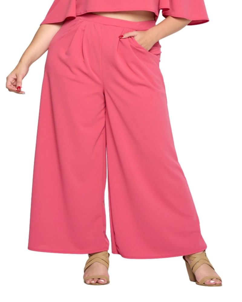Front of a model wearing a size 1X Rachel Wide Leg Pocket Pants in Tropical Pink by L I V D. | dia_product_style_image_id:272286